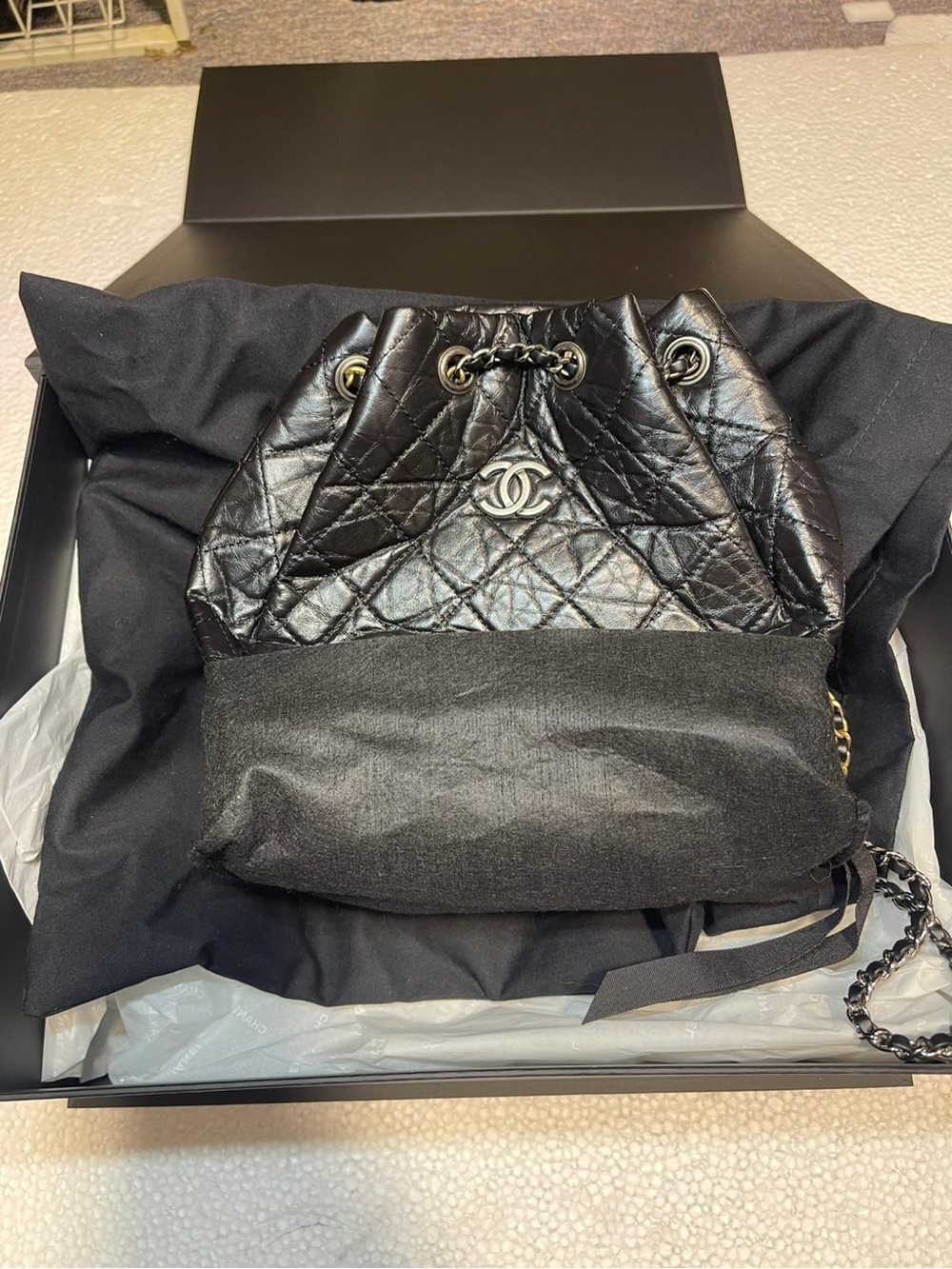 CHANEL Black Quilted Drawstring Chain-Handle Backpack